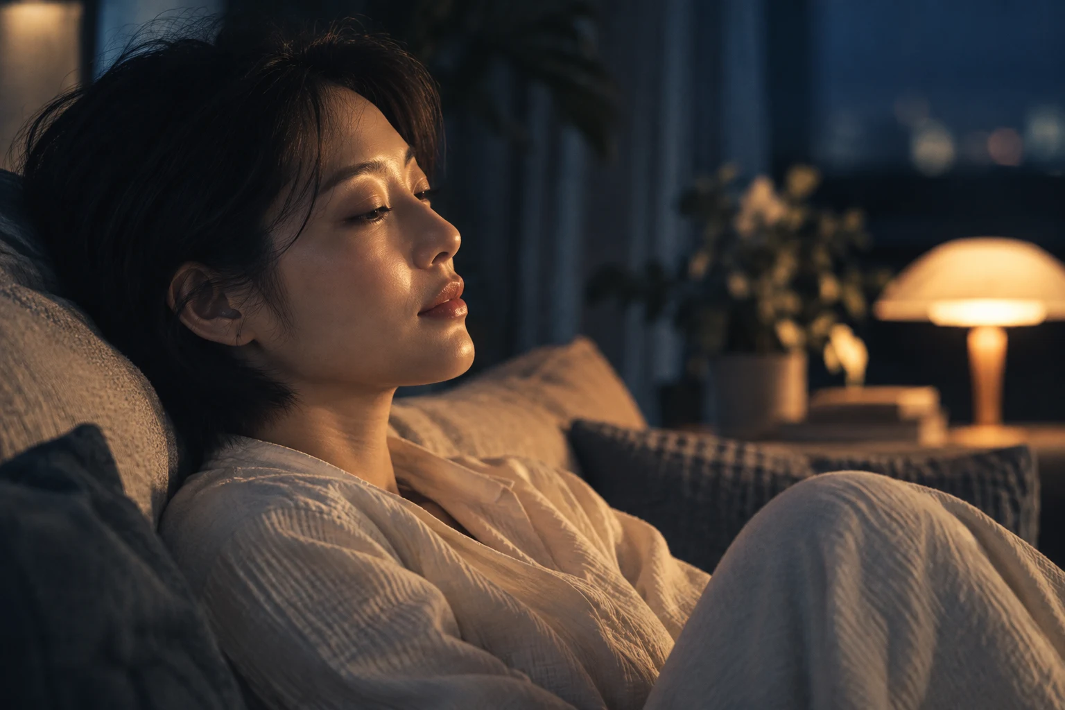 睡前靠在沙发上的人物,AI 情境示意